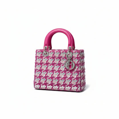 【#143】Pre-owned Dior Lady Dior Medium Fuchsia and White Raffia Woven  Shoulder Bag HZ251225013