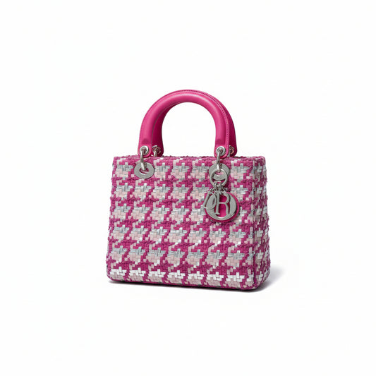 【#143】Pre-owned Dior Lady Dior Medium Fuchsia and White Raffia Woven  Shoulder Bag HZ251225013