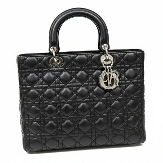 【#154】Pre-owned Dior Lady Dior Large Black Cannage Lambskin Silver Hardware Shoulder Bag HZ250515010