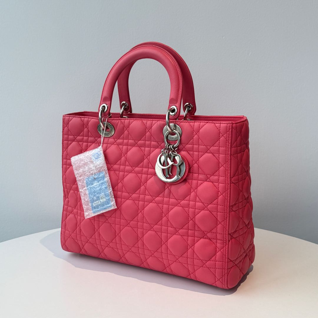 【#150】Pre-owned Dior Lady Dior Large Cherry Red Cannage Lambskin Silver Hardware Shoulder Bag HZ251106012