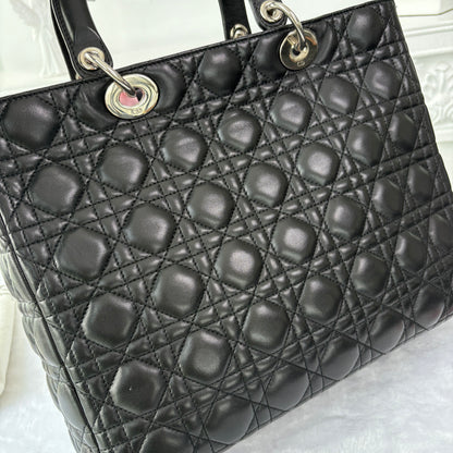 【#154】Pre-owned Dior Lady Dior Large Black Cannage Lambskin Silver Hardware Shoulder Bag HZ250515010