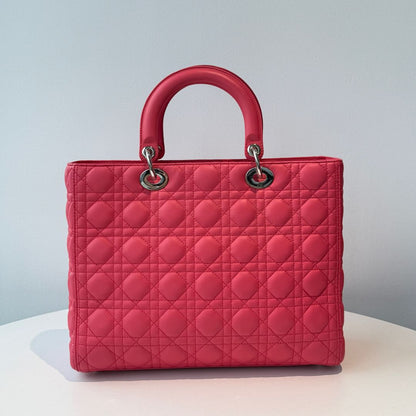 【#150】Pre-owned Dior Lady Dior Large Cherry Red Cannage Lambskin Silver Hardware Shoulder Bag HZ251106012