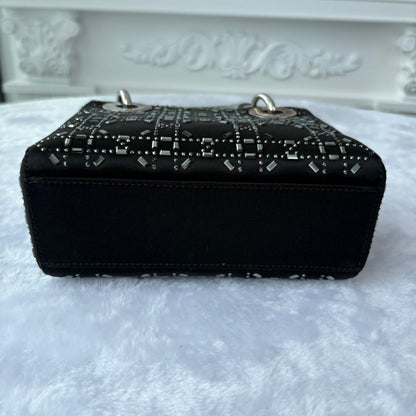 【#151】Pre-owned Dior Lady Dior Mini Black Cannage Satin Silver Hardware Shoulder Bag HZ251101018
