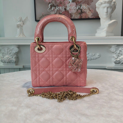 【#286】Pre-owned Dior Mini Lady Dior Bag Cannage Quilted Leather in Blush Pink with Gold-Tone Hardware