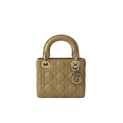 【#144】Pre-owned Dior Lady Dior Mini Latte Cannage Calfskin Leather Gold Hardware with Matte Charm Shoulder Bag  HZ251218019
