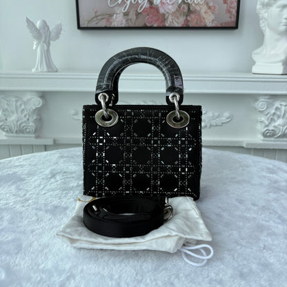 【#151】Pre-owned Dior Lady Dior Mini Black Cannage Satin Silver Hardware Shoulder Bag HZ251101018