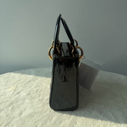 【#145】Pre-owned Dior Lady Dior Mini Black Cannage Patent Leather Gold Hardware Shoulder Bag HZ251218015