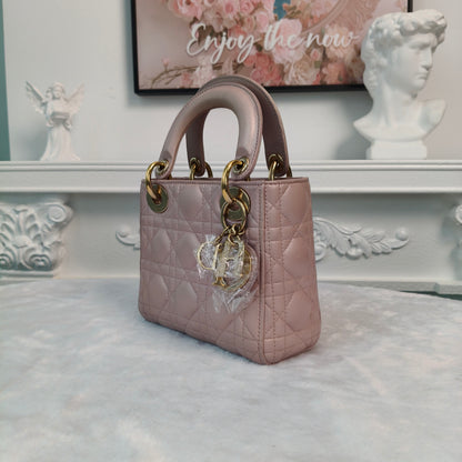 【#140】Pre-owned Dior Lady Dior Mini Pearl Pink Cannage Lambskin Gold Hardware Shoulder Bag HZ260131&&