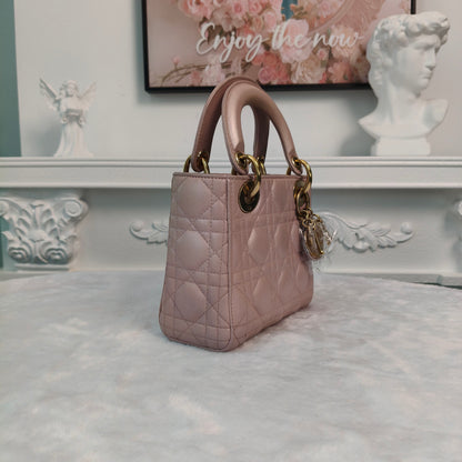 【#140】Pre-owned Dior Lady Dior Mini Pearl Pink Cannage Lambskin Gold Hardware Shoulder Bag HZ260131&&