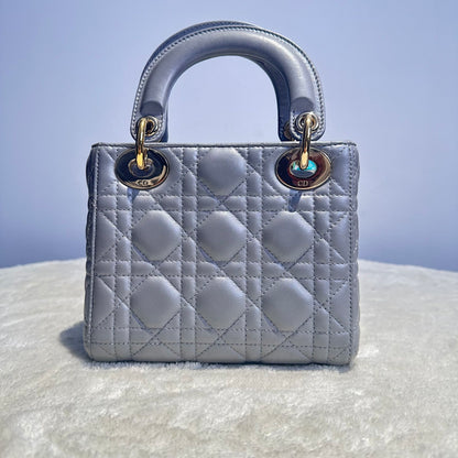 【#146】Pre-owned Dior Lady Dior Mini Pearl Grey Cannage Lambskin Gold Hardware Shoulder Bag HZ251215018