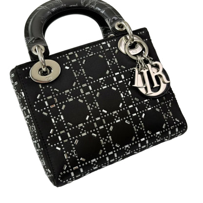 【#151】Pre-owned Dior Lady Dior Mini Black Cannage Satin Silver Hardware Shoulder Bag HZ251101018
