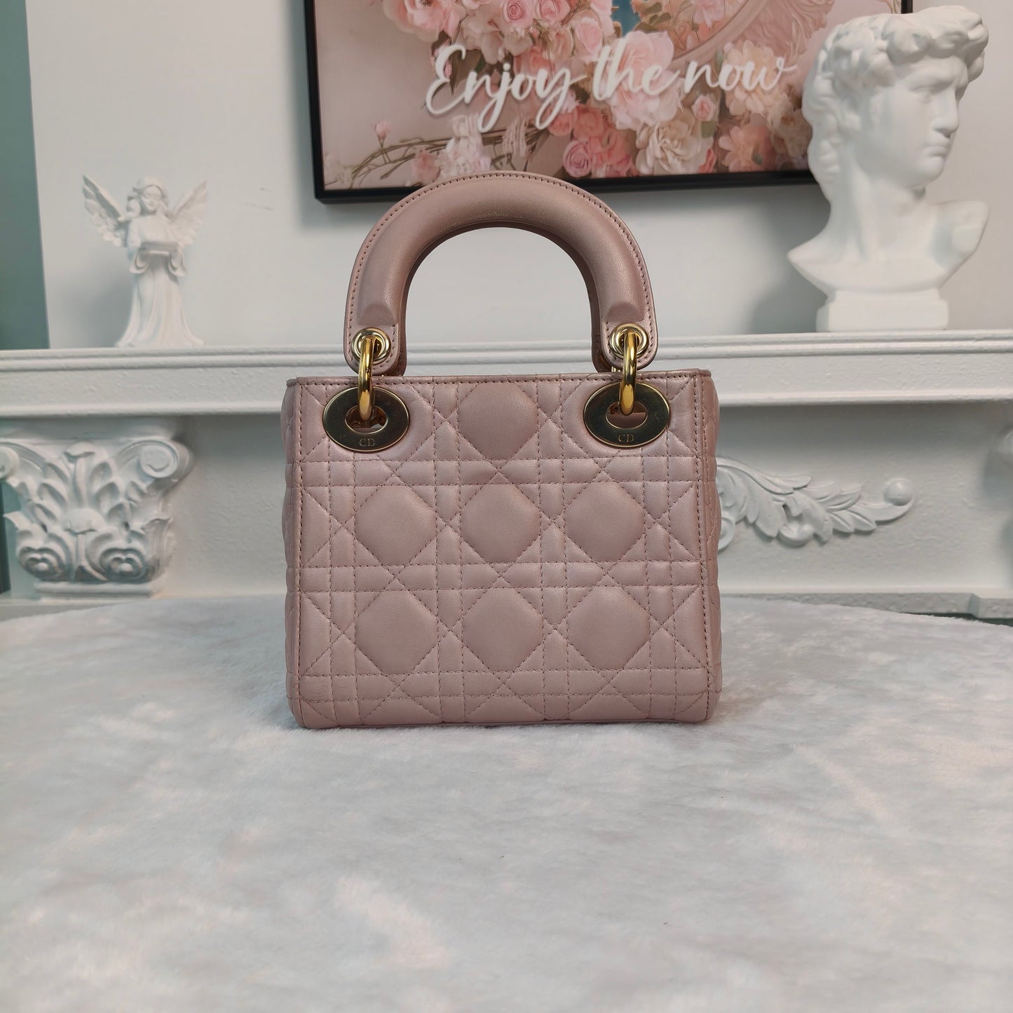 【#140】Pre-owned Dior Lady Dior Mini Pearl Pink Cannage Lambskin Gold Hardware Shoulder Bag HZ260131&&
