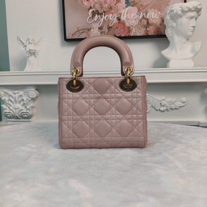 【#140】Pre-owned Dior Lady Dior Mini Pearl Pink Cannage Lambskin Gold Hardware Shoulder Bag HZ260131&&