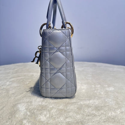 【#146】Pre-owned Dior Lady Dior Mini Pearl Grey Cannage Lambskin Gold Hardware Shoulder Bag HZ251215018