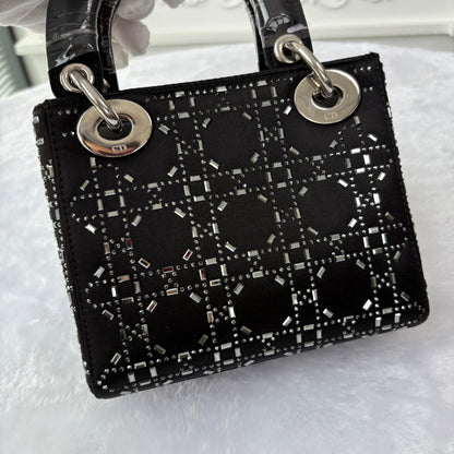 【#151】Pre-owned Dior Lady Dior Mini Black Cannage Satin Silver Hardware Shoulder Bag HZ251101018