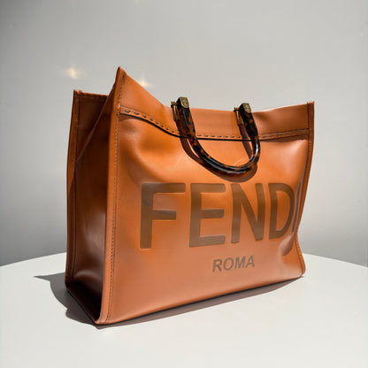 【#113】Pre-owned FENDI Sunshine Large Brown FF Logo Calfskin Tote Bag HZ2511030&&
