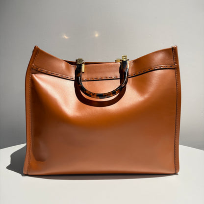 【#113】Pre-owned FENDI Sunshine Large Brown FF Logo Calfskin Tote Bag HZ2511030&&