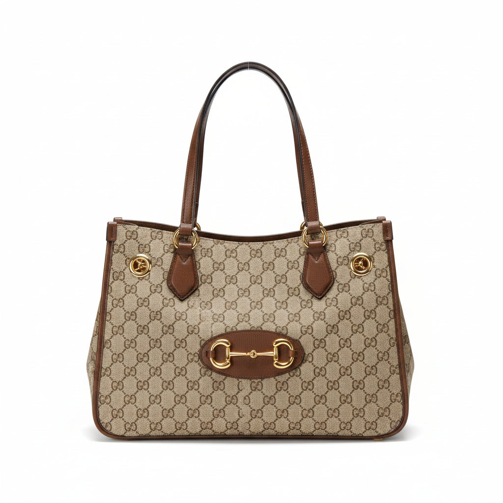 【#174】Pre-owned GUCCI 1955 Horsebit Tote Bag Medium Brown GG Supreme Canvas with Leather Trim Shoulder Bag