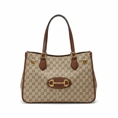 【#174】Pre-owned GUCCI 1955 Horsebit Tote Bag Medium Brown GG Supreme Canvas with Leather Trim Shoulder Bag