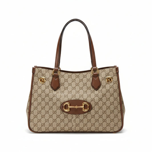 【#174】Pre-owned GUCCI 1955 Horsebit Tote Bag Medium Brown GG Supreme Canvas with Leather Trim Shoulder Bag