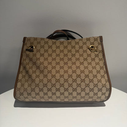 【#174】Pre-owned GUCCI 1955 Horsebit Tote Bag Medium Brown GG Supreme Canvas with Leather Trim Shoulder Bag