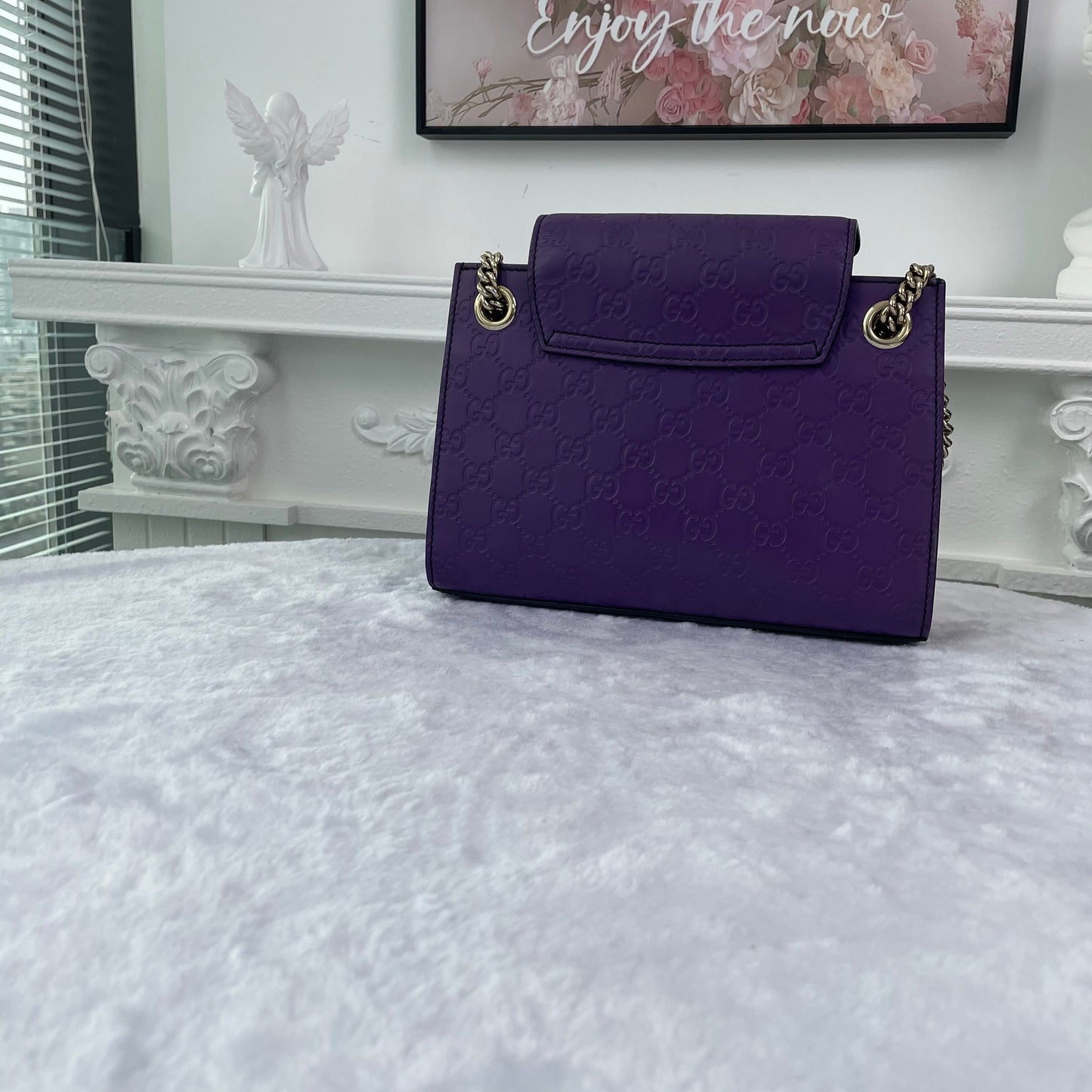 【#178】Pre-owned GUCCI Emily Small 25cm Purple GG Print Calfskin Leather Shoulder Bag