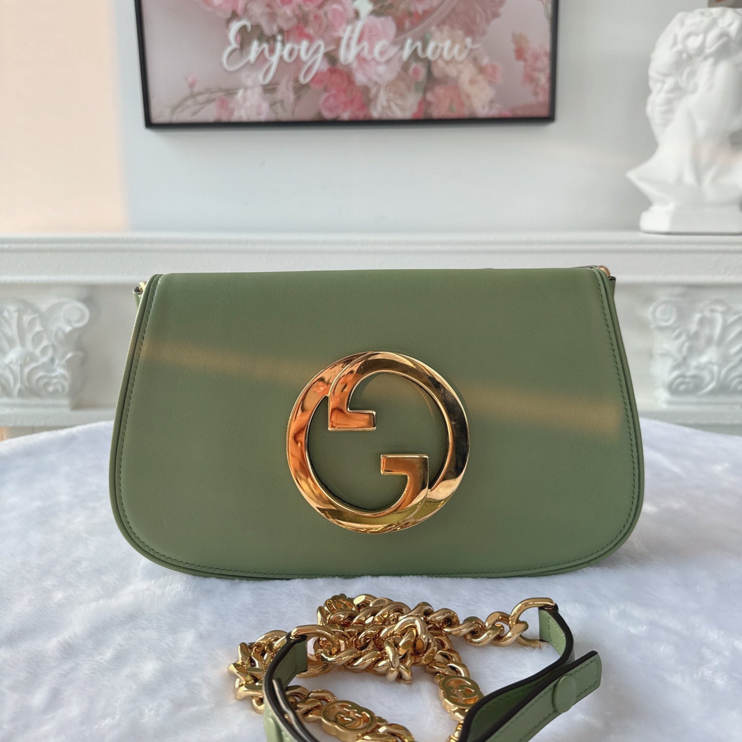 【#176】Pre-owned GUCCI Blondie Small 28cm Light Green Calfskin Leather Shoulder Bag