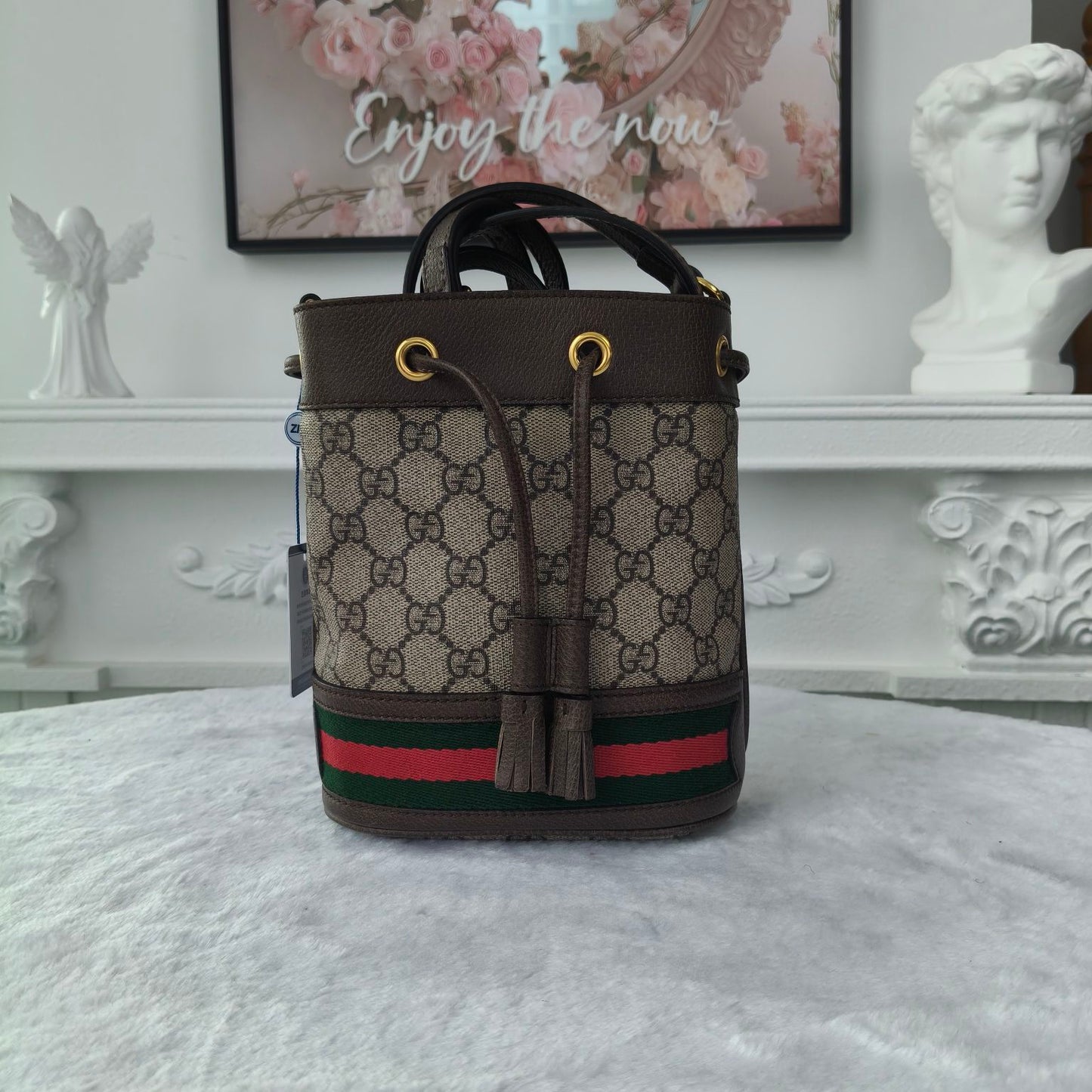 【#191】Pre-owned GUCCI Ophidia Mini 19cm Ebony and Multicolor GG Supreme Coated Canvas with Leather Trim Drawstring Bucket Bag Shoulder Bag