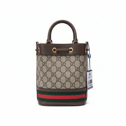 【#191】Pre-owned GUCCI Ophidia Mini 19cm Ebony and Multicolor GG Supreme Coated Canvas with Leather Trim Drawstring Bucket Bag Shoulder Bag