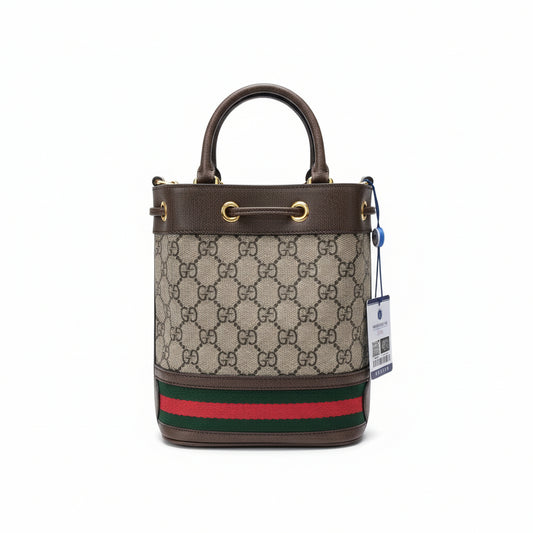 【#191】Pre-owned GUCCI Ophidia Mini 19cm Ebony and Multicolor GG Supreme Coated Canvas with Leather Trim Drawstring Bucket Bag Shoulder Bag