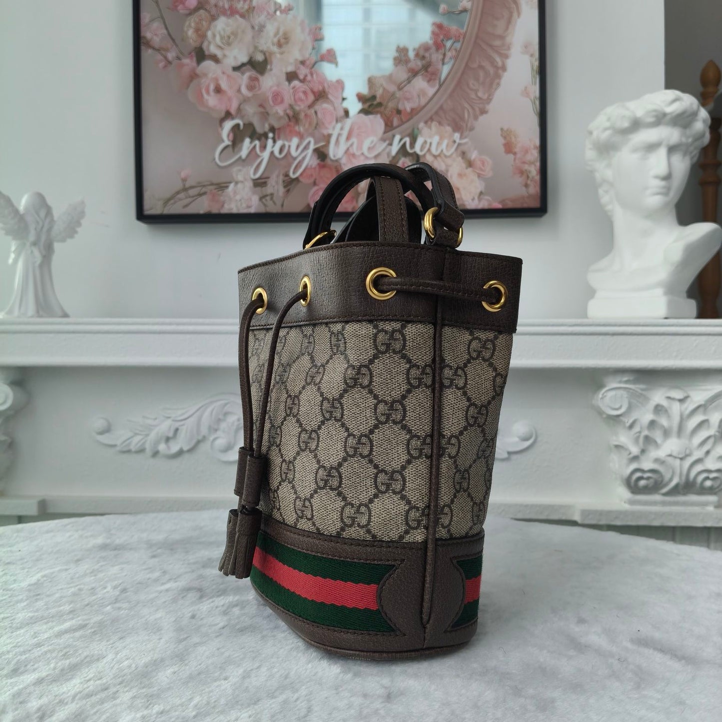 【#191】Pre-owned GUCCI Ophidia Mini 19cm Ebony and Multicolor GG Supreme Coated Canvas with Leather Trim Drawstring Bucket Bag Shoulder Bag