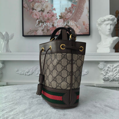 【#191】Pre-owned GUCCI Ophidia Mini 19cm Ebony and Multicolor GG Supreme Coated Canvas with Leather Trim Drawstring Bucket Bag Shoulder Bag