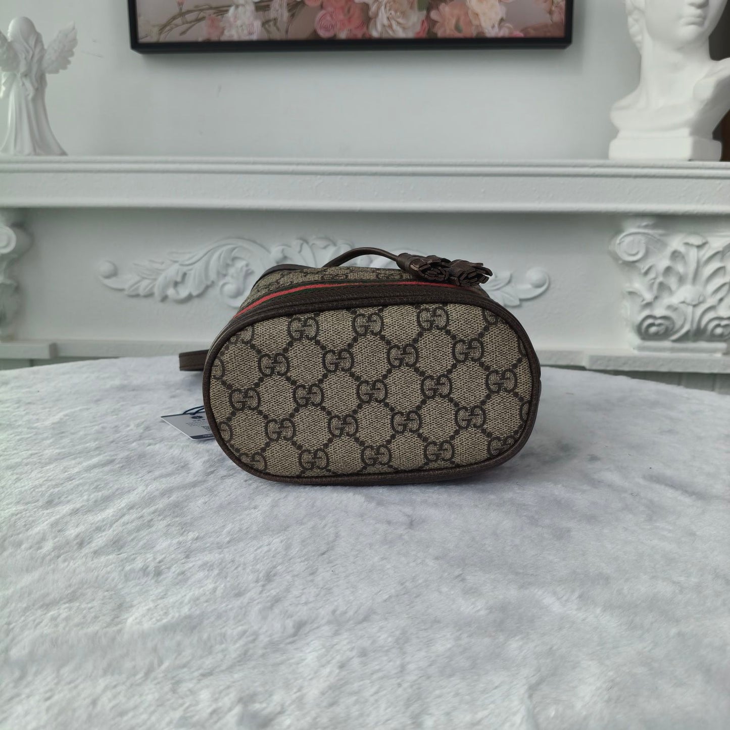 【#191】Pre-owned GUCCI Ophidia Mini 19cm Ebony and Multicolor GG Supreme Coated Canvas with Leather Trim Drawstring Bucket Bag Shoulder Bag