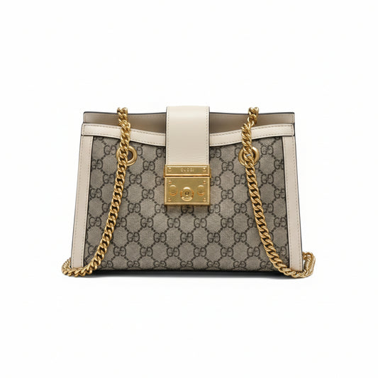 【#193】Pre-owned GUCCI Padlock Small Ebony and White GG Supreme Canvas with Leather Trim Shoulder Bag