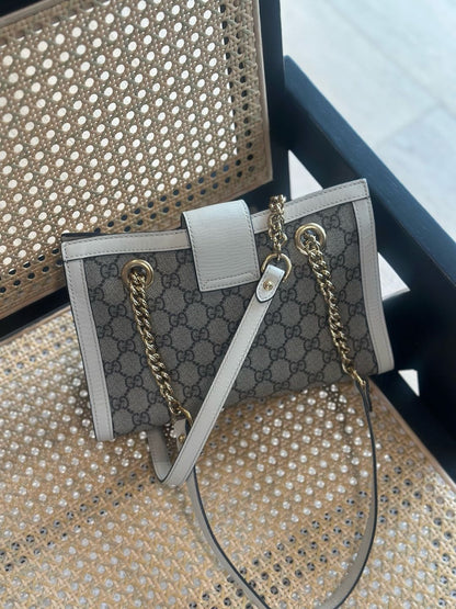 【#193】Pre-owned GUCCI Padlock Small Ebony and White GG Supreme Canvas with Leather Trim Shoulder Bag