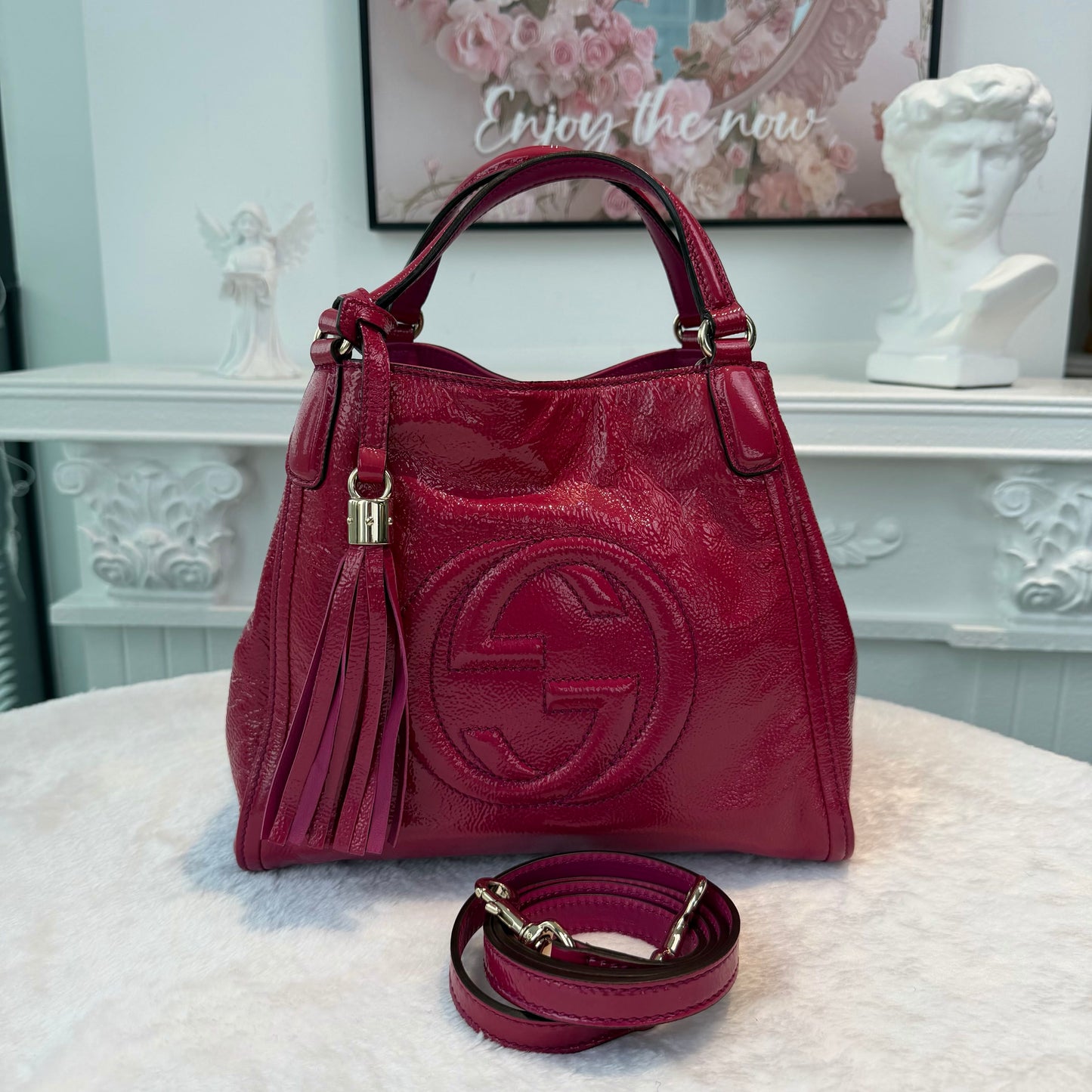 【#281】Pre-owned Gucci Soho Medium Tote Bag Patent Leather in Fuchsia Pink with Light Gold-Tone Hardware