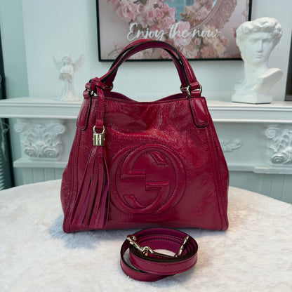 【#281】Pre-owned Gucci Soho Medium Tote Bag Patent Leather in Fuchsia Pink with Light Gold-Tone Hardware