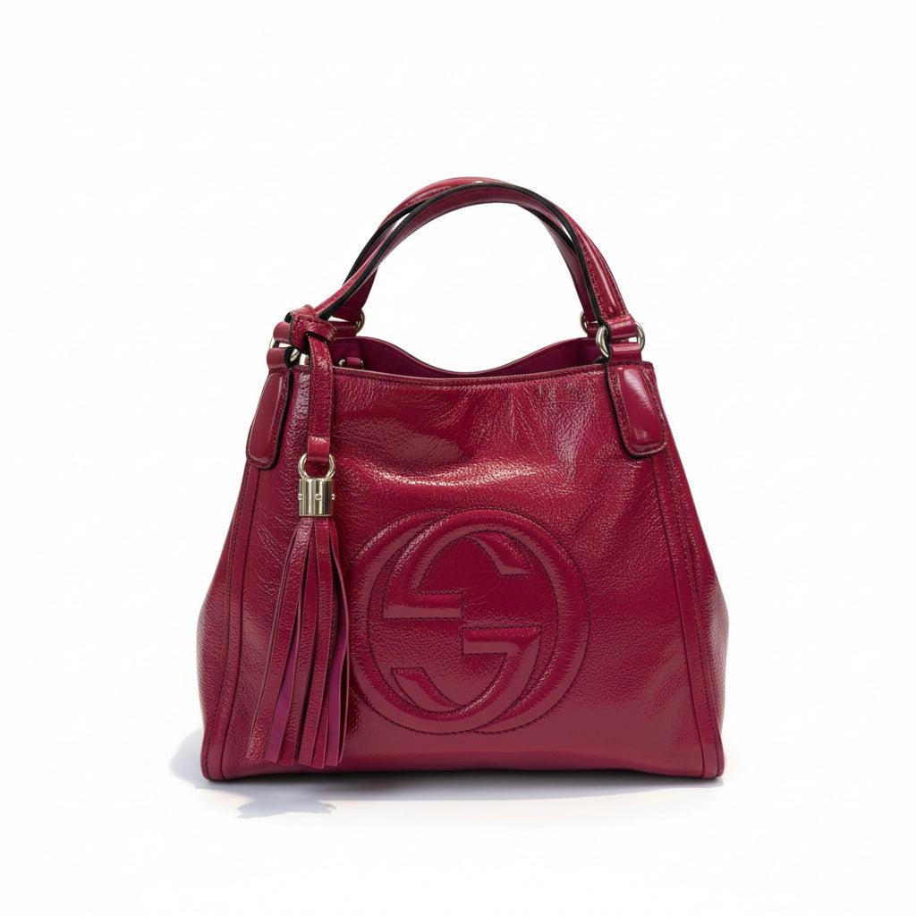 【#281】Pre-owned Gucci Soho Medium Tote Bag Patent Leather in Fuchsia Pink with Light Gold-Tone Hardware