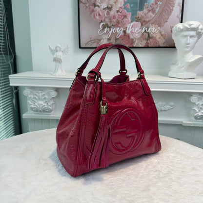 【#281】Pre-owned Gucci Soho Medium Tote Bag Patent Leather in Fuchsia Pink with Light Gold-Tone Hardware