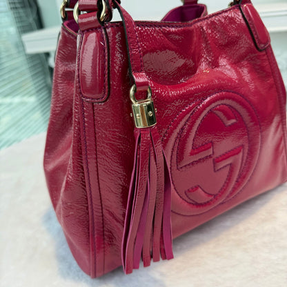 【#281】Pre-owned Gucci Soho Medium Tote Bag Patent Leather in Fuchsia Pink with Light Gold-Tone Hardware