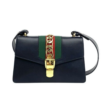 【#199】Pre-owned GUCCI Sylvie Small 25cm Black, Green and Red Calfskin Leather Shoulder Bag
