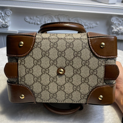 【#288】Pre-owned Gucci Small Boston Bag GG Coated Canvas with Brown Leather Trim