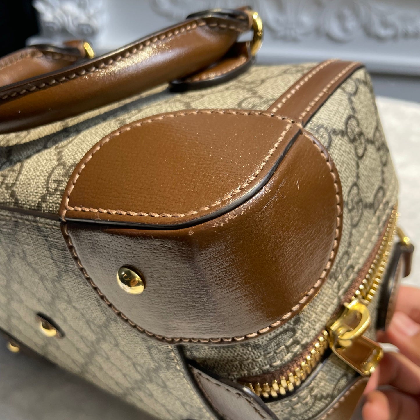 【#288】Pre-owned Gucci Small Boston Bag GG Coated Canvas with Brown Leather Trim