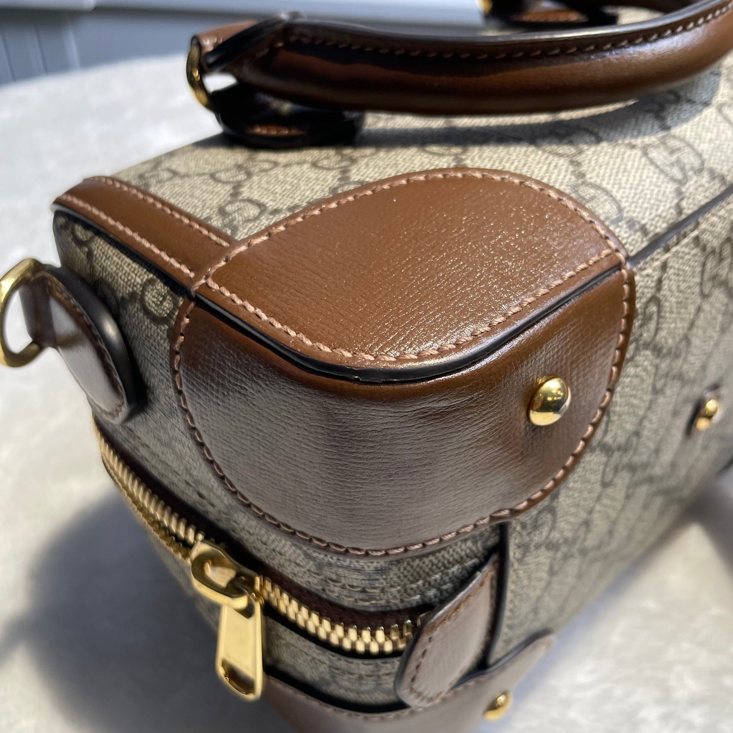 【#288】Pre-owned Gucci Small Boston Bag GG Coated Canvas with Brown Leather Trim