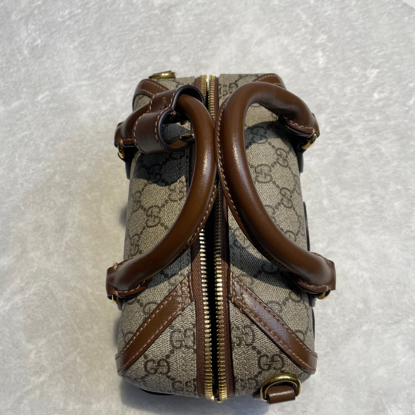 【#288】Pre-owned Gucci Small Boston Bag GG Coated Canvas with Brown Leather Trim