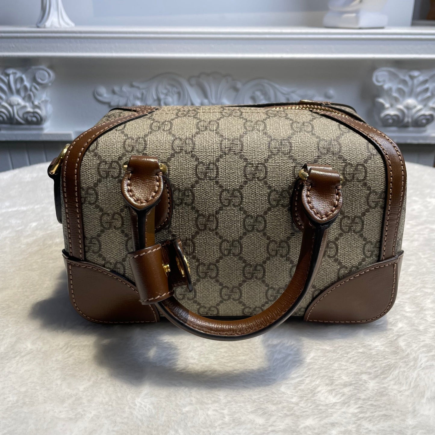 【#288】Pre-owned Gucci Small Boston Bag GG Coated Canvas with Brown Leather Trim