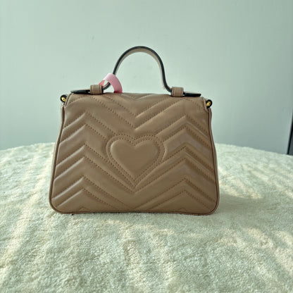 【#189】Pre-owned GUCCI Marmont Small 22cm Nude Matelassé Calfskin Leather Gold Hardware Top Handle Shoulder Bag