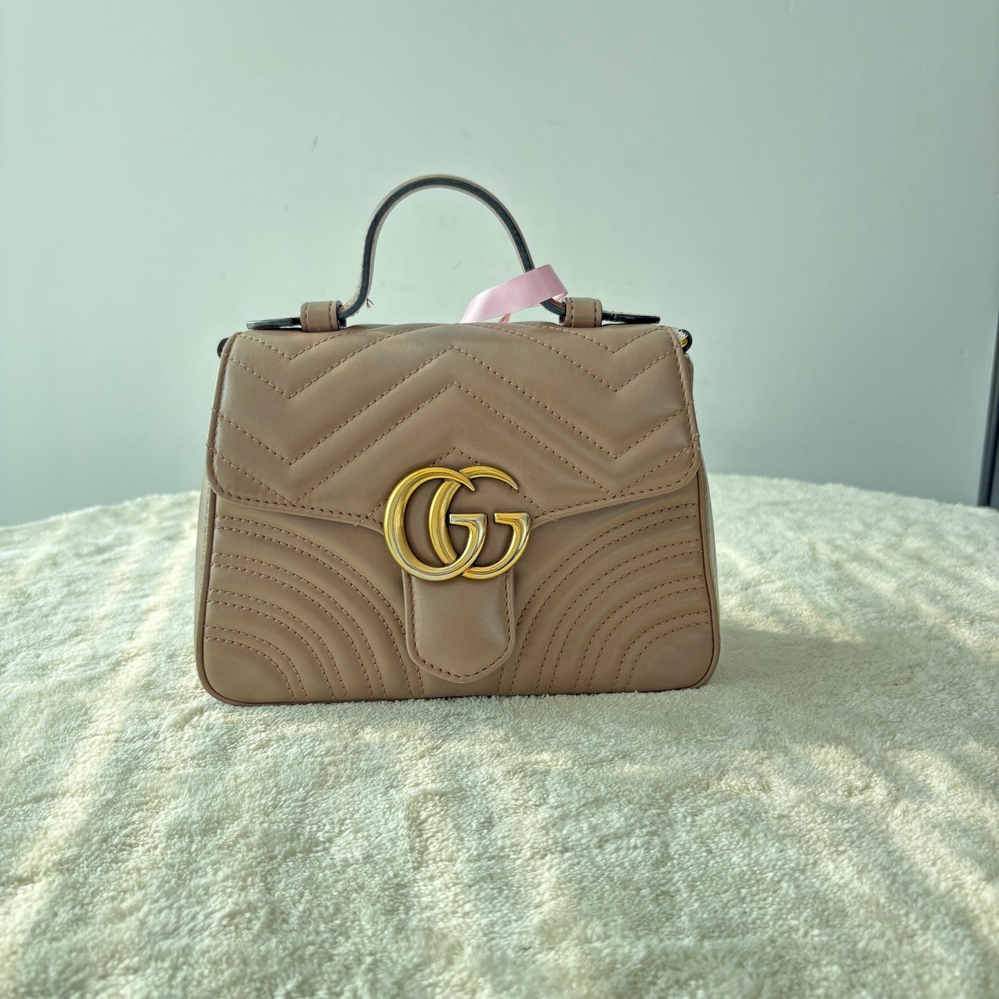 【#189】Pre-owned GUCCI Marmont Small 22cm Nude Matelassé Calfskin Leather Gold Hardware Top Handle Shoulder Bag