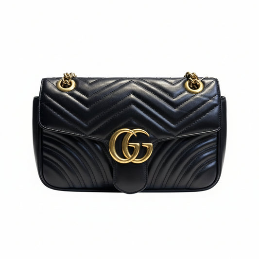 【#184】Pre-owned GUCCI Marmont Medium 26cm Black Matelassé Calfskin Leather Chain Shoulder Bag