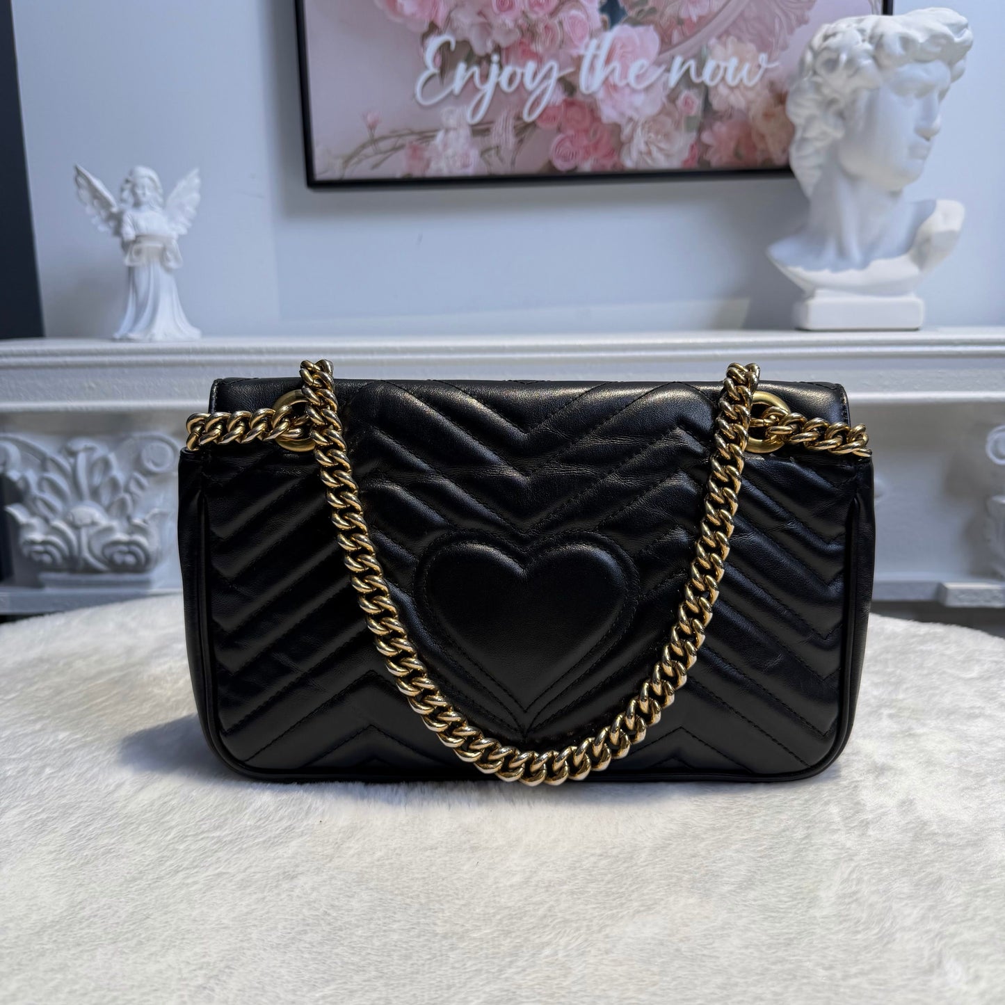 【#184】Pre-owned GUCCI Marmont Medium 26cm Black Matelassé Calfskin Leather Chain Shoulder Bag